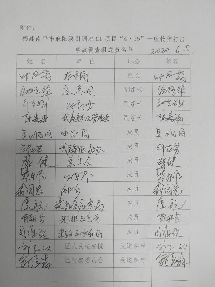 福建南平市麻陽溪引調(diào)水C1項目“4·15”一般物體打擊事故調(diào)查報告