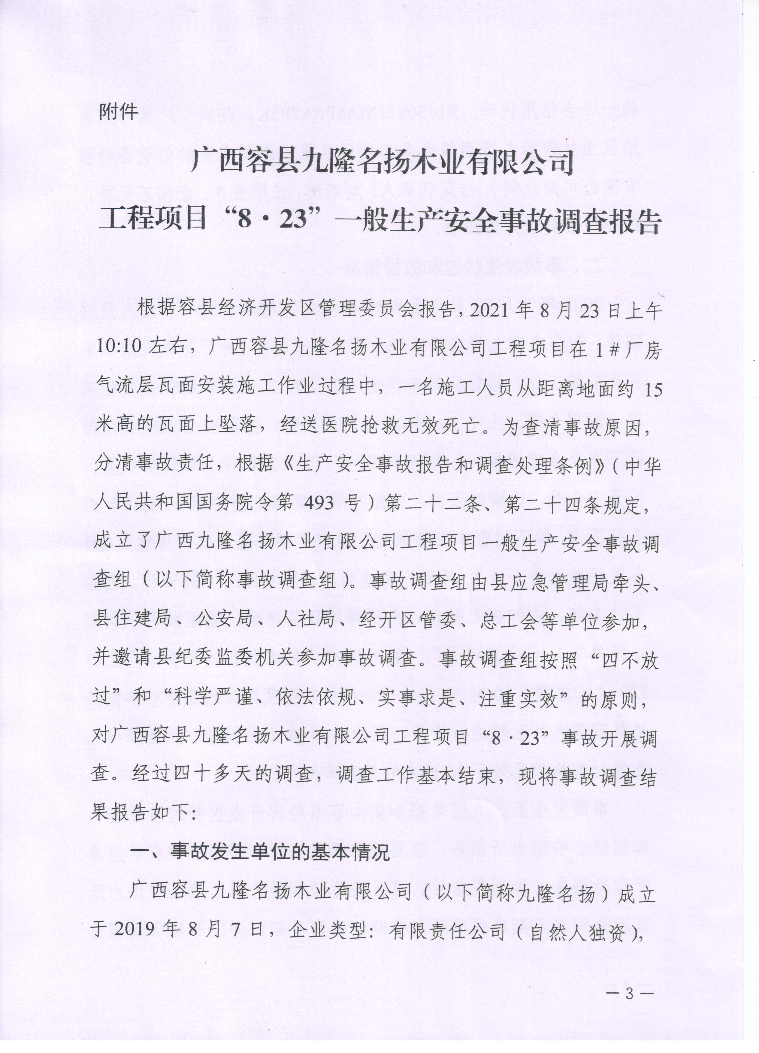 廣西容縣九隆名揚(yáng)木業(yè)有限公司工程項(xiàng)目“8.23”一般生產(chǎn)安全事故調(diào)查報告