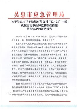 吳忠市三羊紡織有限公司“12.31”一般機械傷害事故防范和整改措施落實情況的評估報告