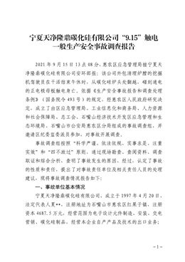 寧夏天凈隆鼎碳化硅有限公司“9.15”觸電一般生產(chǎn)安全事故調(diào)查報告