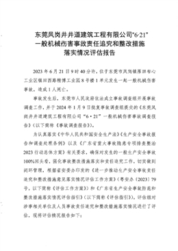 東莞市鳳崗鎮(zhèn)“6?21”一般機(jī)械傷害事故責(zé)任追究和整改措施落實(shí)情況評(píng)估報(bào)告