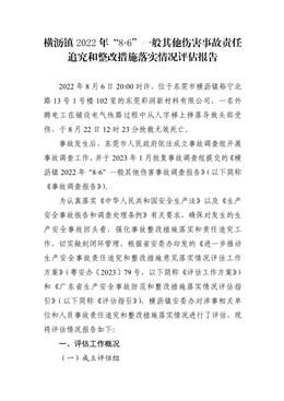 橫瀝鎮(zhèn)2022年“8·6”一般其他傷害事故責(zé)任追究和整改措施落實(shí)情況評(píng)估報(bào)告