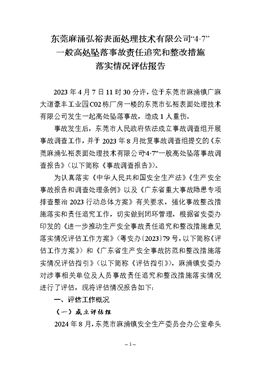 東莞麻涌弘裕表面處理技術(shù)有限公司“4·7”一般高處墜落事故責任追究和整改措施落實情況評估報告