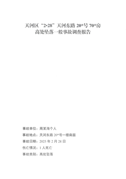 天河區(qū)“2·28”天河?xùn)|路208號(hào)703房高處墜落一般事故調(diào)查報(bào)告